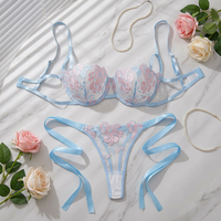 Set Bra dan Thong Wanita Biru Bordir Bunga Transparan dengan Tali Samping, Set Lingerie Renda Berkawat Gaya Prancis, Pakaian Dalam Wanita Seksi