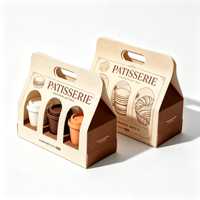 Boîte en papier kraft avec poignée de transport, fenêtre arquée, plateau intérieur à trois compartiments, surface mate, pour pâtisserie à emporter, vente en gros