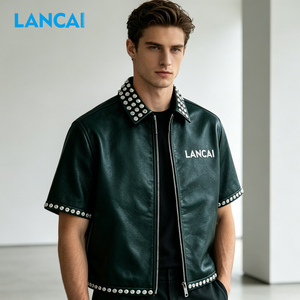 Veste en cuir noire à manches courtes pour homme LANCAI avec fermeture éclair, garniture en strass, col montant, style streetwear, coupe classique - Product Image 2