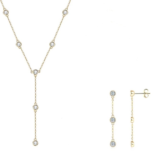 Wholesale Trendy Jewelry Set 925 Sterling Silver Round 3mm Moissanite Drop Earrings & Y-Shaped Lariat Necklace Moissanite Set