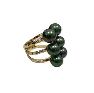 Aangepaste Bohemian 6 Parels Ring, 18K Vergulde Samoan Tribal Hawaiian Zwarte Parel Ring Sieraden