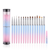 Juego de 15 Pinceles para Decoración de Uñas en Degradado Rosa y Azul, Pincel de Cristal para Salón con Mango Acrílico, Material de Nailon, Herramientas para Uñas