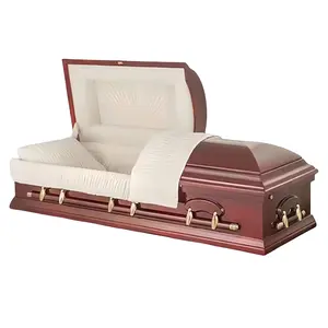 Caixão de madeira folheado de mogno para funeral, cama clássica de veludo marfim, caixa de madeira para crematório e caixão interior
