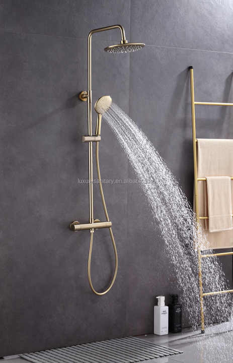Brass Material Zirconium Gold Brushed Bathroom Thermostatic Shower Set ...