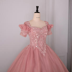 LY-PD0183 abiti da sera personalizzati moderni a maniche corte in pizzo con paillettes formale elegante per feste da ballo per donna lungo fino al pavimento naturale XL - Product Image 2