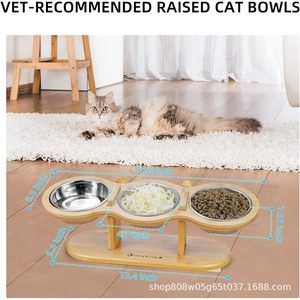 Support de gamelle pour chat en bambou Dorakon, réglable, à trois compartiments, avec bols en acier inoxydable et base en bois - Product Image 4