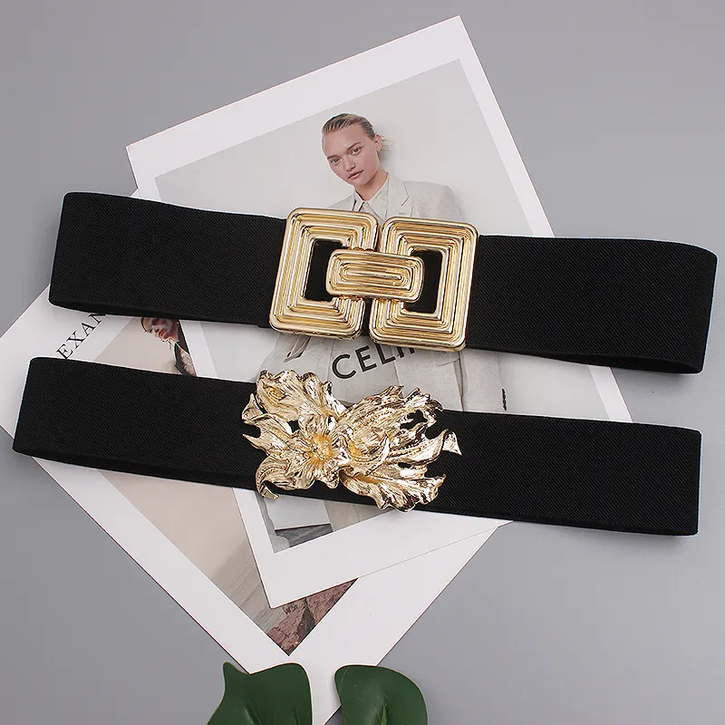 Ремень с металлической пряжкой Женский, широкий эластичный пояс с квадратной металлической пряжкой, украшение для платья