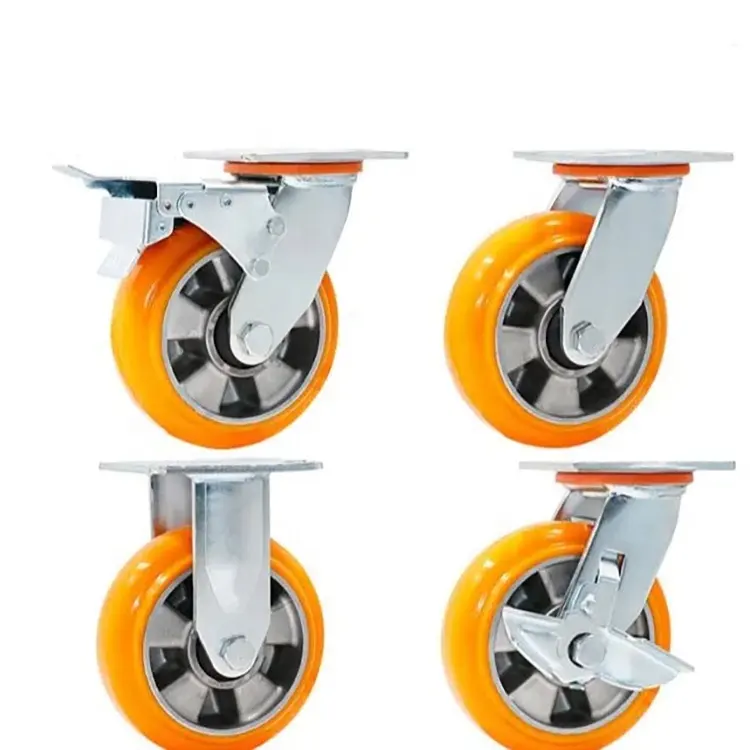 100mm 125mm 150mm 200mm carrello industriale girevole per impieghi gravosi con nucleo in alluminio arancione ruota girevole in PU