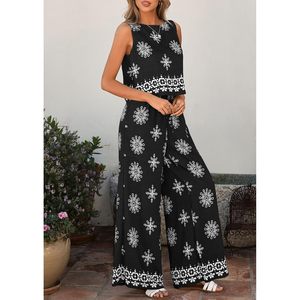 FOXA Women's 2 Piece Boho Tank Top Wide Leg <b>Pants</b> Set <b>Summer</b> Breathable Cotton Bamboo Fiber Lounge Travel Beach Outfits - Product Image 3