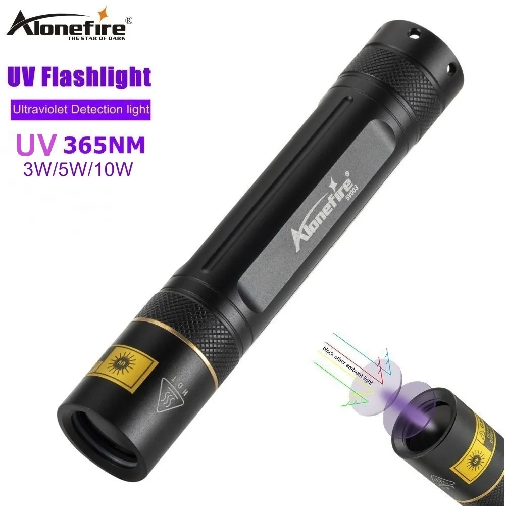 AloneFire SV003 365nm 서울 3W LED 블랙 렌즈 울트라 바이올렛 라이트 고출력 손전등 자외선 애완 동물 전갈 감지기 18650