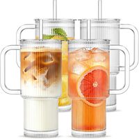 Gobelets en verre borosilicate transparent rayé de 24 oz en gros avec couvercles, pailles et poignée pour café glacé, jus et lait