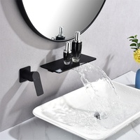 Robinet de salle de bain mural noir mat avec bec cascade, mitigeur de lavabo à poignée unique, robinet de lavabo carré moderne