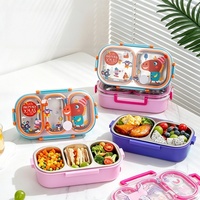 C143 Boîte à bento portable en acier inoxydable de qualité alimentaire pour enfants, 3 compartiments, avec couverts