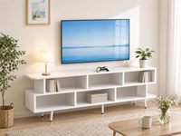 Meuble TV moderne de luxe à plusieurs niveaux en MDF blanc avec décorations dorées et chromées, table console de présentation avec compartiments de rangement pour salon