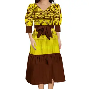 2023 recién llegado vestido polinesio amarillo y marrón de gran tamaño 6XL manga de burbuja vestidos largos de estilo étnico con cinturón