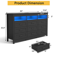 Commode moderne noire faite à la main à 9 tiroirs avec éclairage LED, design écologique pour chambre et salon
