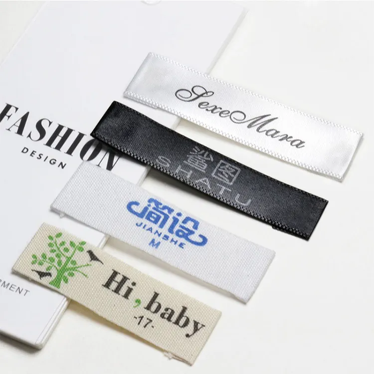 Garment accessories Size Brand private satin print labels custom logo design woven label clothing neck label