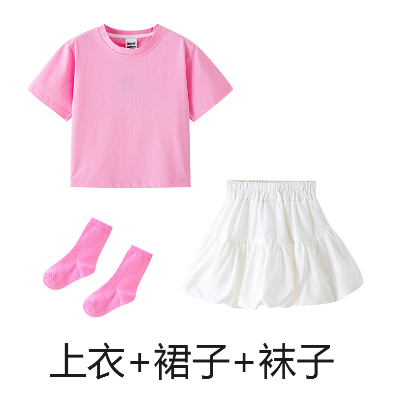 Pink T-shirt, white skirt, pink stockings