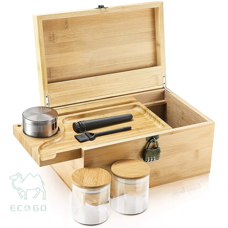 Bambu stash kutusu toptan ahşap koku geçirmez servis tepsisi ve aksesuarları ile şifreli kilit cam kavanoz, fırça, öğütücü