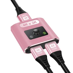 粉色高清多媒体切换器4K60Hz 1进2出双向切换器支持4Kx2K 60hz高清多媒体输出按钮控制