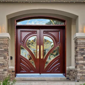 Factory price house villa front entry round arch top glass wooden door design exterior arched cherry solid wood double doors