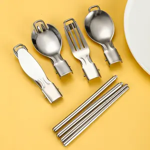 GEMEI Set alat makan berkemah, peralatan berkemah 4-in-1, sendok garpu Stainless Steel portabel Kombo untuk perjalanan piknik