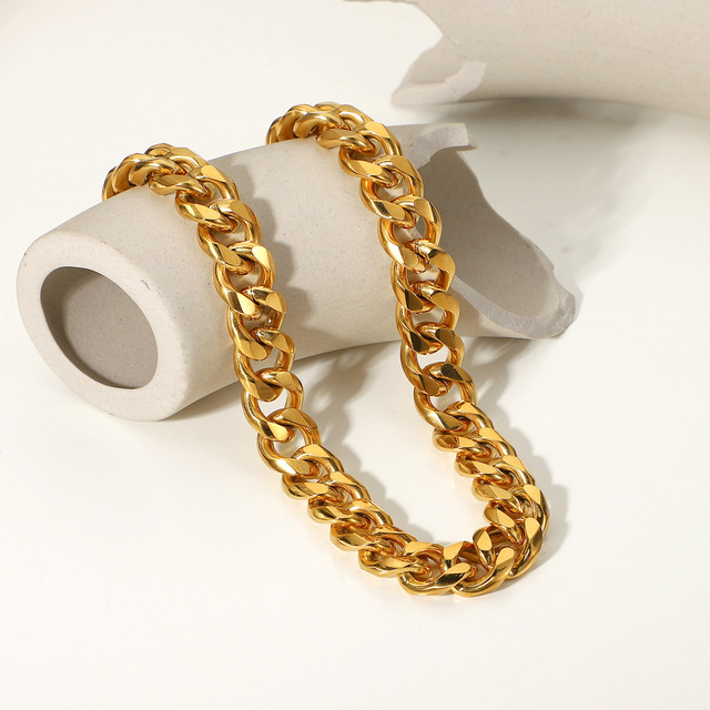 Punk Gold Plated Miami Women Cuban Link Chain Stainless Steel 15mm Wide Chunky Cuban Necklace