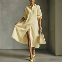 Robe midi ample à manches longues style chemise 2026 avec col et manches retroussables, ourlet fendu pour femme