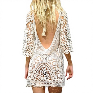 Robe longue sexy en dentelle ajourée au crochet, dos nu, avec logo frontal, teinte unie, grande taille, pour la plage et les vacances, vêtement de protection solaire - Product Image 3