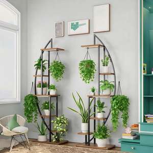 Nueva llegada elegante media luna en forma de 5 niveles de metal y soporte de flores de madera con luces de cultivo para la decoración del hogar sala de estar - Product Image 1