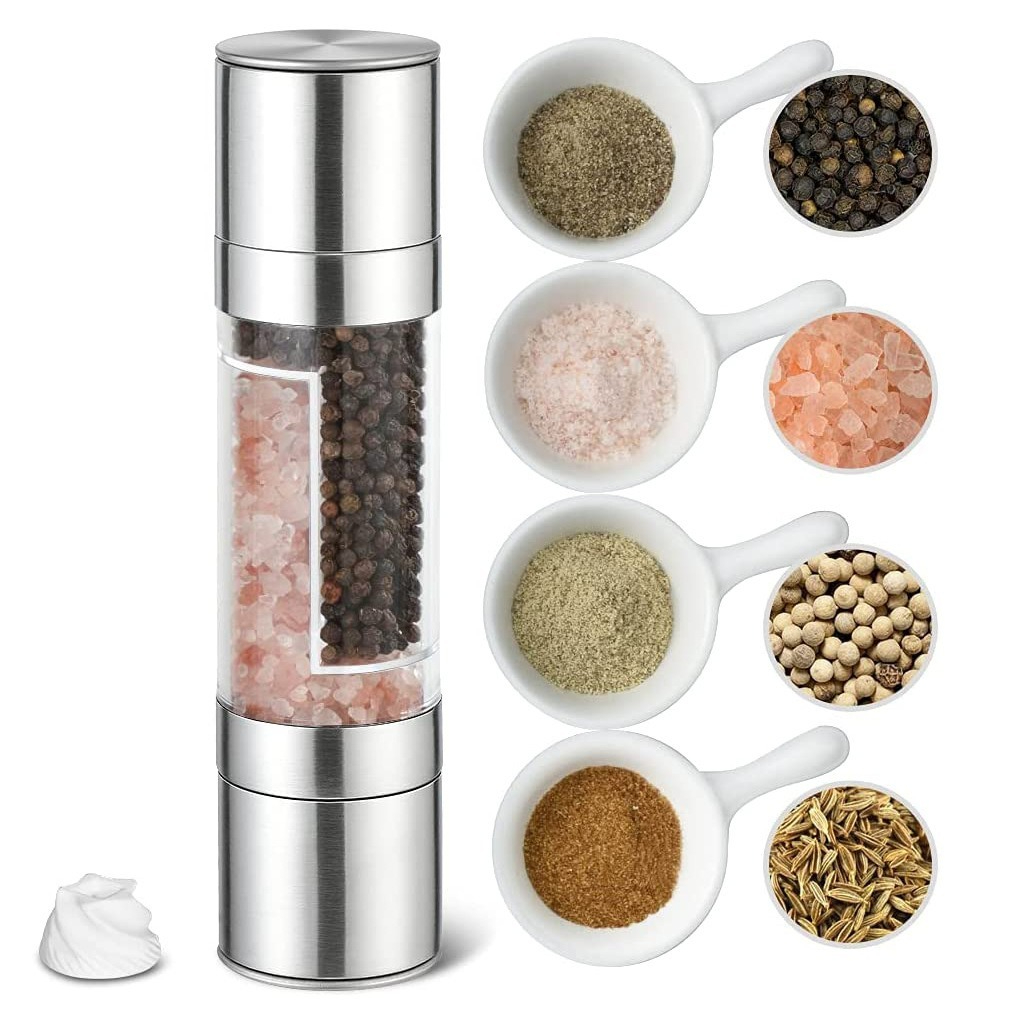 2 Pack 2-in-1 Stainless Steel Manual Spice Grinder Dual Head Salt and Pepper Mill with Adjustable Coarseness for global BBQ Kitchen and Travel