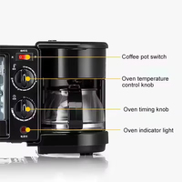 Machine à petit-déjeuner automatique 3-en-1 en acier inoxydable, multifonction, avec poêle, cafetière et four grille-pain électrique 4 tasses