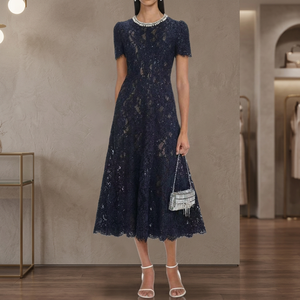 Vestido de Fiesta Largo Casual Azul Sólido con Encaje, Manga Corta, Adornado con Pedrería y Perlas, Elegante y de Lujo Ligero para Verano - Product Image 2