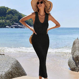Robe longue maxi décontractée en crochet sans manches pour femme, couleur unie, col en V, ample, pour les vacances d'été à la plage - Product Image 1