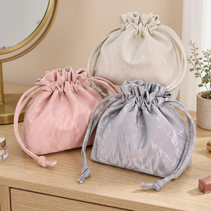 Satin Zipper Nylon Water Resistant Cosmetic <b>Bag</b> Small Portable <b>Makeup</b> Pouch for Gray Beige Simple Style - Product Image 4
