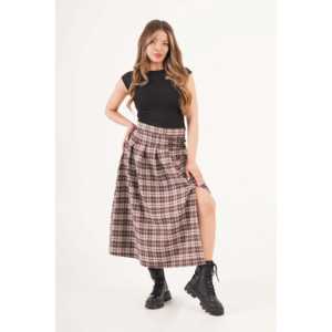 Wholesale <b>Brown</b> Plaid Pattern Pleat Wrap <b>Skirt</b> with Belt Detail and Side Slits <b>Denim</b> Fabric Plain Style - Product Image 4