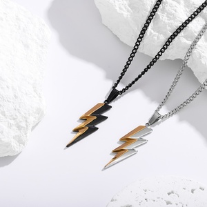 <b>Mens</b> Lightning Pendant Necklace Stainless Steel Gold Silver Two Tone Curb <b>Chain</b> Punk Hip Hop Fashion Jewelry Non Tarnish Gift - Product Image 4
