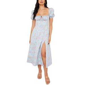 MANNI cravatta manica a sbuffo Bustier con scollo quadrato a spacco floreale abiti Midi causali - Product Image 1