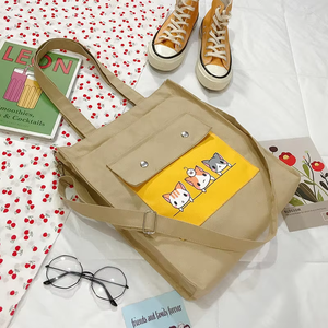 Sac fourre-tout réutilisable en toile de coton jaune avec logo de dessin animé FS Dynertek, sac à bandoulière pour le shopping, accepte la personnalisation, lin vintage, couleur pleine - Product Image 6