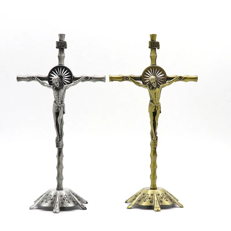 Wholesale Tabletop Decoration Catholic Christian Religious Crucifix Bamboo Shape Metal Standing Cross