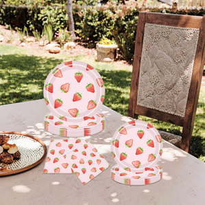 Vaisselle en papier rose sur le thème des fraises pour les tasses de pique-nique <span class=keywords><strong>joyeux</strong></span> <span class=keywords><strong>anniversaire</strong></span> de la fille assiettes tissus décorations de table de fête - Product Image 1