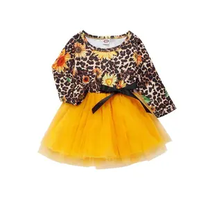 Kız frocks tasarımlar sarı tül ayçiçeği prenses sigara leopar elbiseler 12 yıl kızlar için