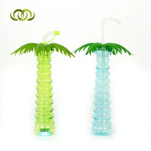 创意儿童500毫升椰子棕榈树一次性果汁瓶塑料院子杯带发光二极管灯