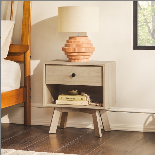 FCJ 1-Drawer Mid-Century Modern Minimalist Nightstand Coastal Oak Bedroom Furniture Panel Wood Style for Apartment Hospital Use