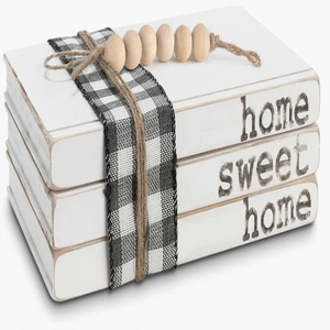 Plain white family farmhouse coffee table layered tray decorative books wood