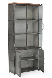 Armoire en fer avec 2 portes en verre et 2 portes métalliques, avec plateau de recyclage en métal naturel, bois recyclé, meubles en bois recyclé - Product Image 6