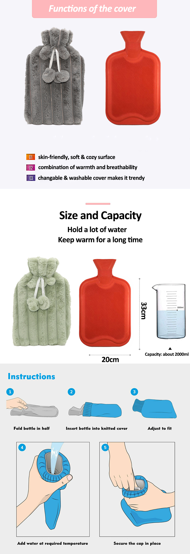best selling luxury rubber hot water bottle hot water bag therapy with plush cover for back pain