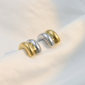 Trendy Two-Tone C-Shaped Huggie Earrings Geometric Stainless Steel For Women - Product Image 3
