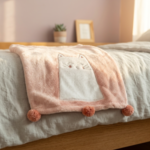 Coral Fleece Massage Knitted Hooded Towel with <b>Cat</b> Applique Design Pink Pompoms for Kids Home Use - Product Image 4