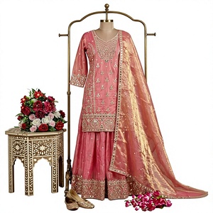 Women Traditional Pink Silk Salwar Kameez With Embroidered Dupatta Floor-Length <b>Wedding</b> Wear India Pakistan Style - Product Image 1